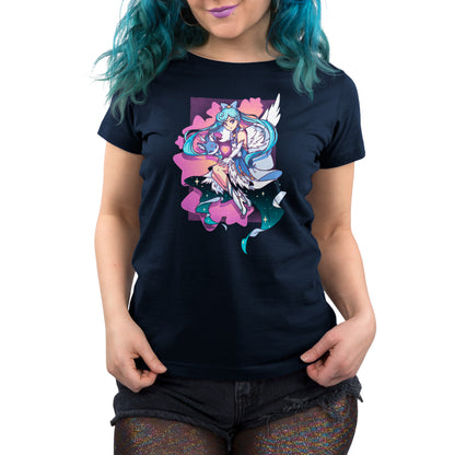 A woman wearing a comfortable Mahou Shoujo & Fox t-shirt with an image of a unicorn from TeeTurtle.
