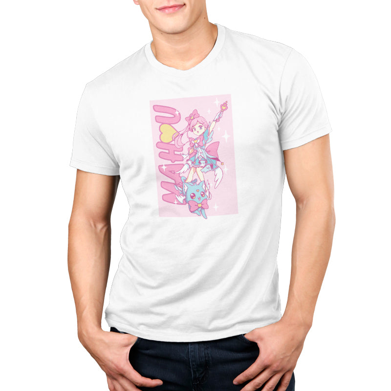 A man wearing a white Mahou Shoujo & Cat T-shirt by TeeTurtle, with a cartoon character, possibly a magical girl, on it.