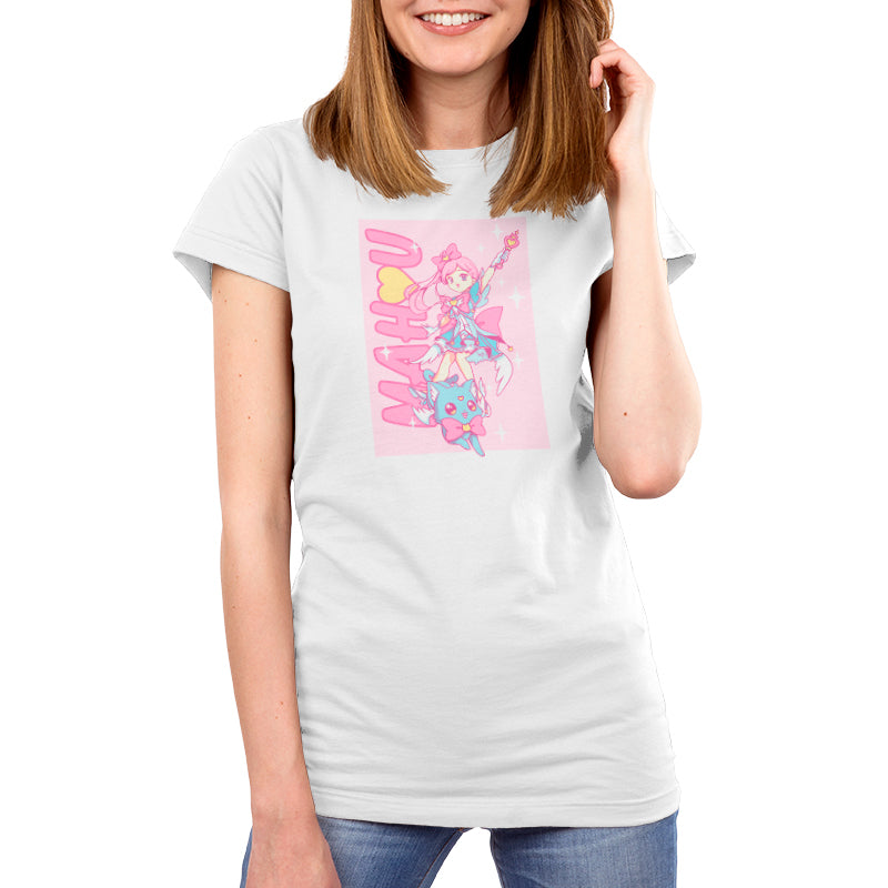 A woman wearing a white Mahou Shoujo & Cat T-shirt by TeeTurtle with a magical girl design.