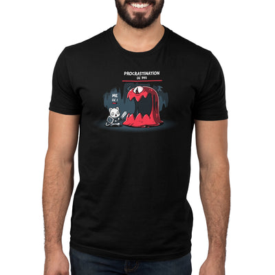 Premium Cotton T-shirt_TeeTurtle black Me Vs. Procrastination featuring a cat knight labeled "ME LV. 1" standing nervously in front of a giant red monster labeled "PROCRASTINATION LV. 342" in a dark, cavernous setting.