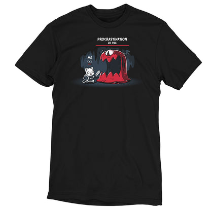 A TeeTurtle Me Vs. Procrastination black t-shirt featuring an image of a red monster.