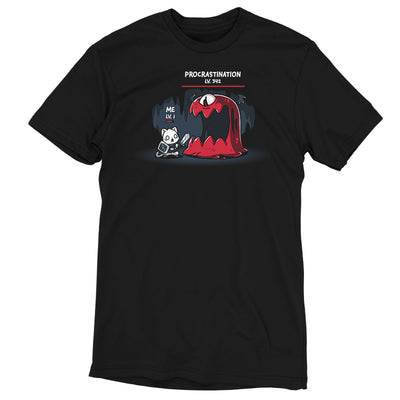 Premium Cotton T-shirt_TeeTurtle black Me Vs. Procrastination featuring a cat knight labeled "ME LV. 1" standing nervously in front of a giant red monster labeled "PROCRASTINATION LV. 342" in a dark, cavernous setting.