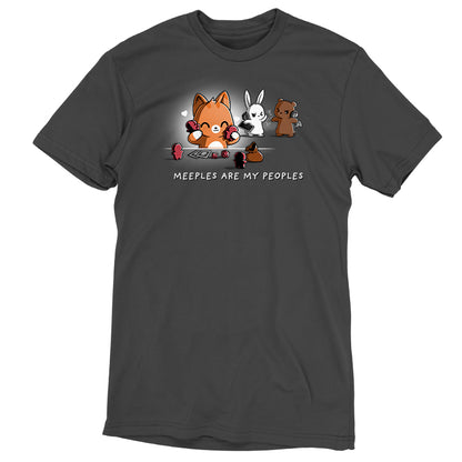 A gray t-shirt with a cat and a dog on it, from TeeTurtle's "Meeples are My Peoples" collection.