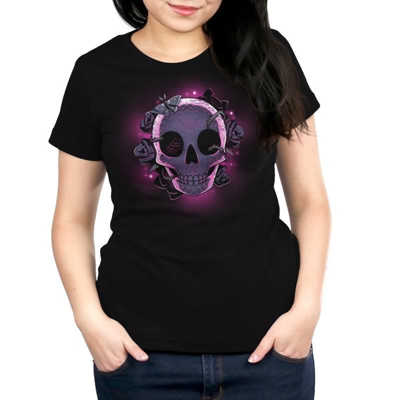 A women's black Memento Mori t-shirt with a TeeTurtle skull on it.