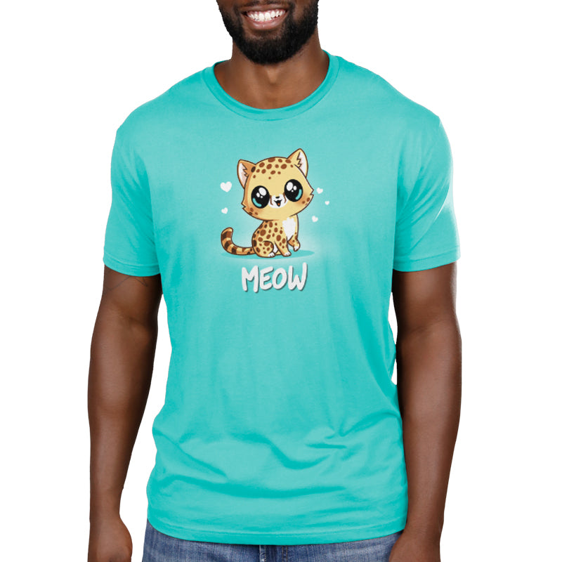 A man wearing a Meow t-shirt with a cheetah on it from TeeTurtle.