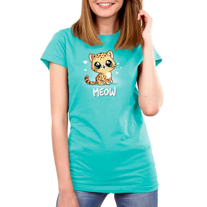 A Meow women's t-shirt with a cheetah on it. Brand name: TeeTurtle.