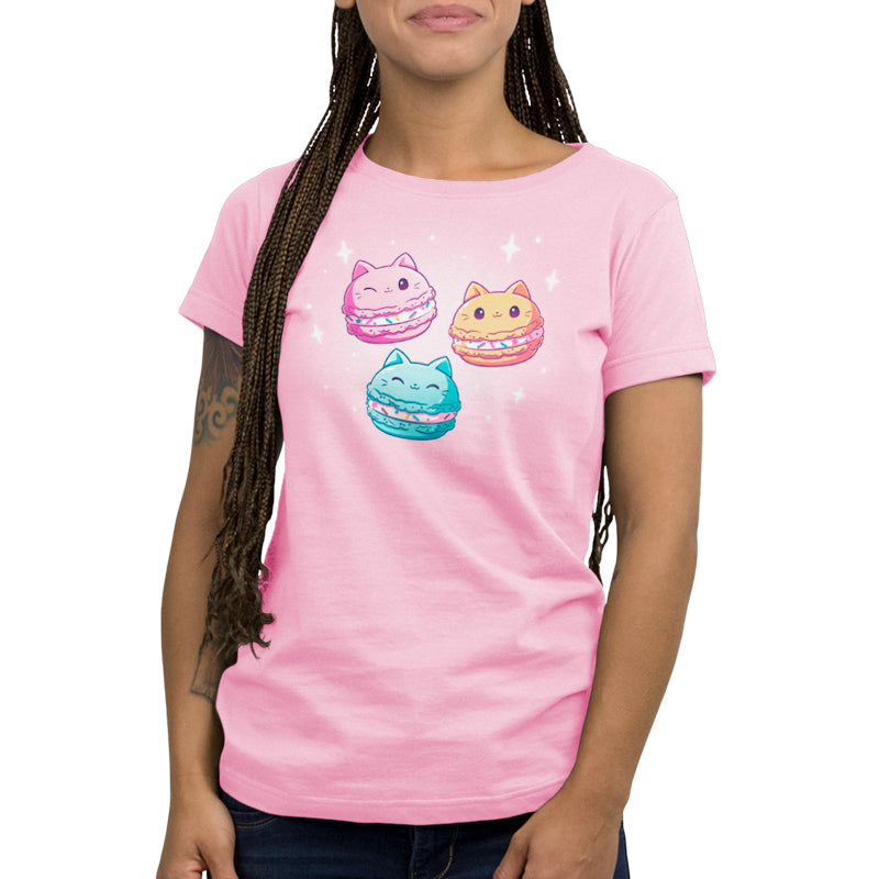 A pink t-shirt with three cats and TeeTurtle Meowcarons.