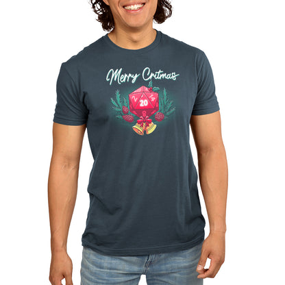 A man wearing a denim blue t-shirt with a "Merry Critmas" print from TeeTurtle.