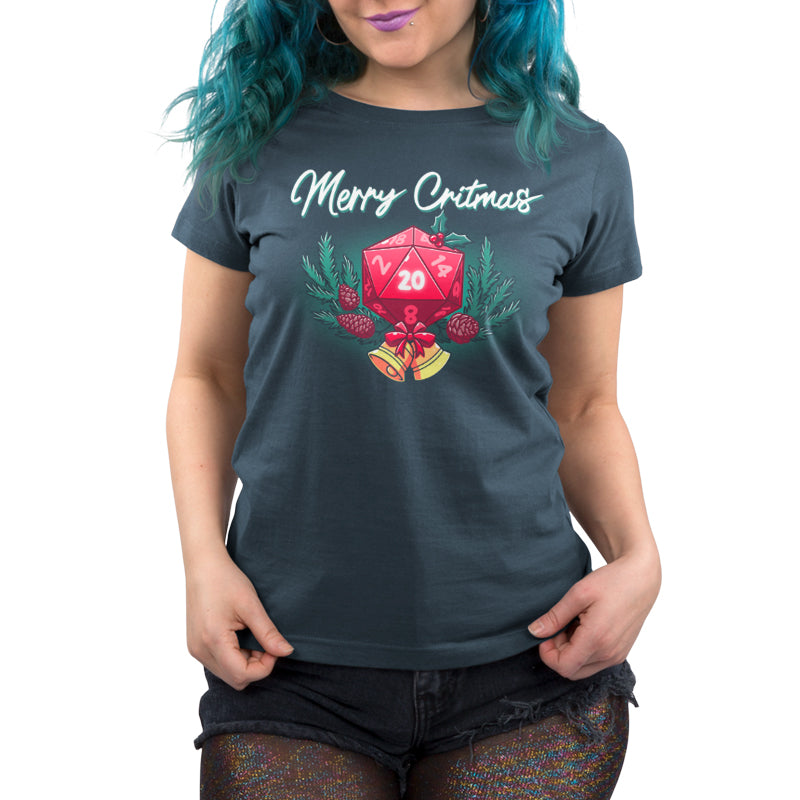 Celebrate the holidays with our TeeTurtle denim blue women's t-shirt featuring the "Merry Critmas" design. Perfect for festive gatherings and adding to your Christmas list.