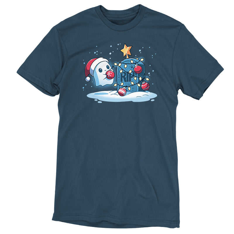 A comfortable blue Merry Cryptmas T-shirt with a festive Santa hat and a Christmas tree by TeeTurtle.