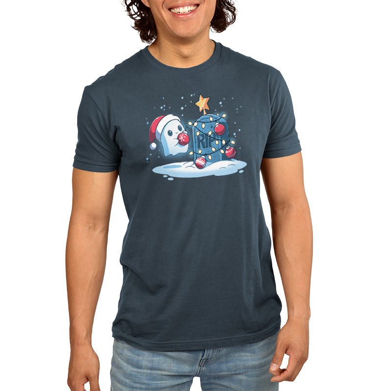 A man wearing a comfortable Merry Cryptmas T-shirt from TeeTurtle.