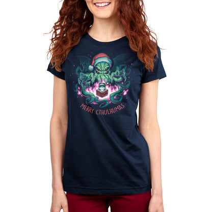 A navy blue Merry Cthulhumas women's t-shirt by TeeTurtle, featuring an image of an octopus and Santa Claus, perfect for celebrating Cthulhumas.
