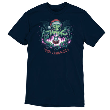 A navy blue Merry Cthulhumas t-shirt with an octopus wearing a santa hat by TeeTurtle.