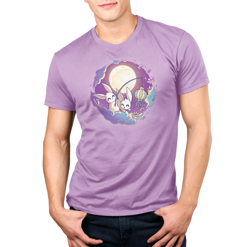 A man wearing a purple Mid-Autumn Celebrations T-shirt with an image of a rabbit and a moon by TeeTurtle.