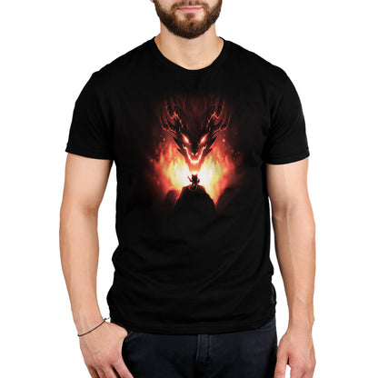 A black men's Mighty Warrior t-shirt by TeeTurtle with an image of a dragon on fire.