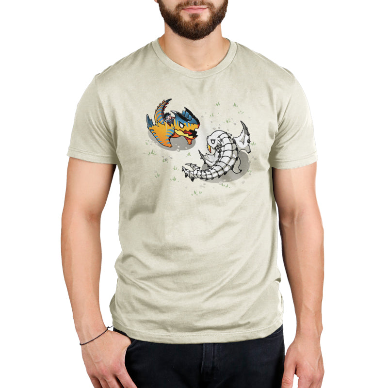 An officially licensed Monster Hunter t-shirt featuring an image of a man and a bird, called the Monster Battle.