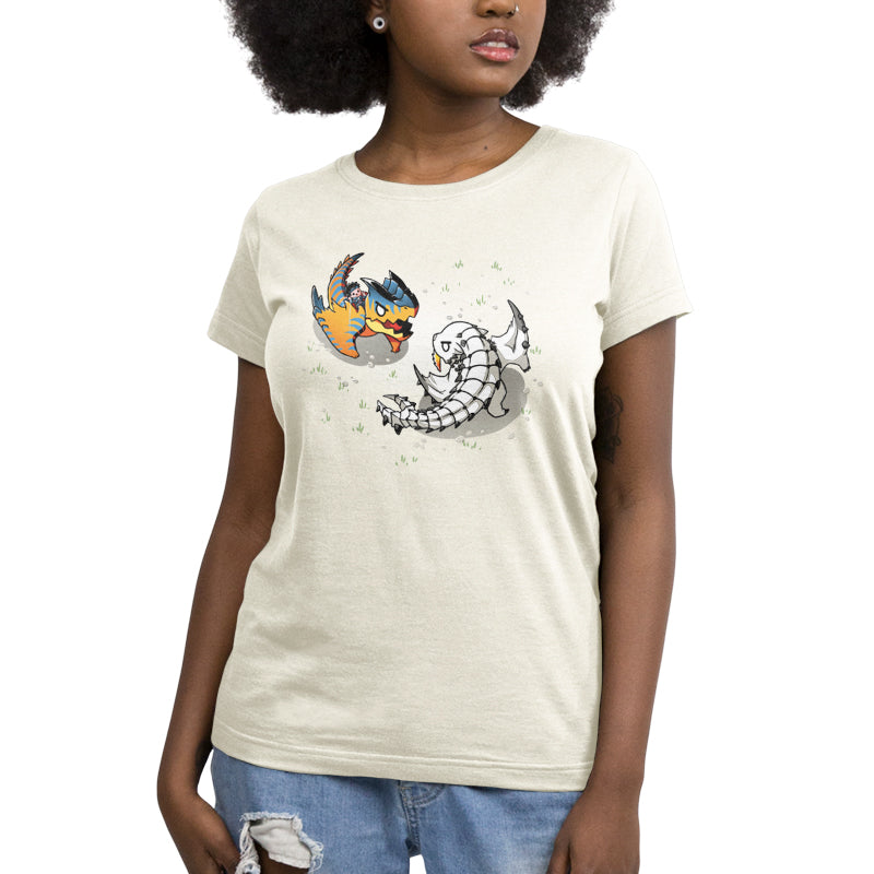 A woman wearing an officially licensed Monster Hunter women's t-shirt with an image of a turtle.