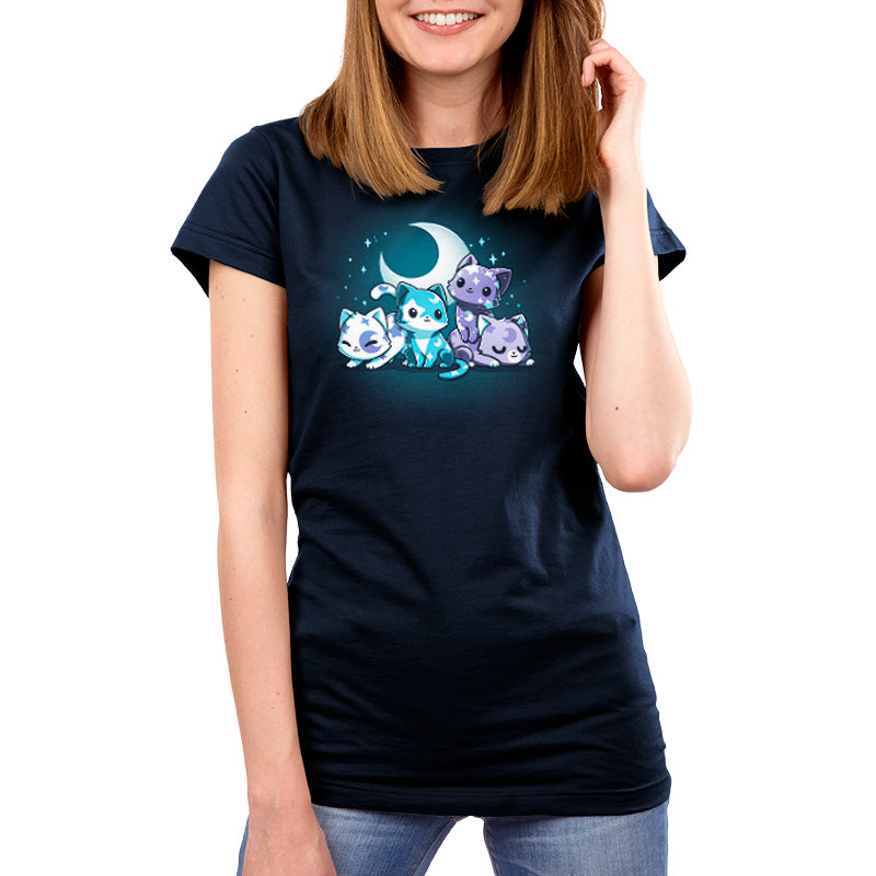 A Moon & Star Meows women's T-shirt by TeeTurtle featuring an adorable image of a cat with a moon.