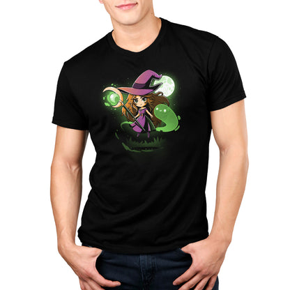 A man wearing a Moonlight Sorceress t-shirt with a TeeTurtle witch design.