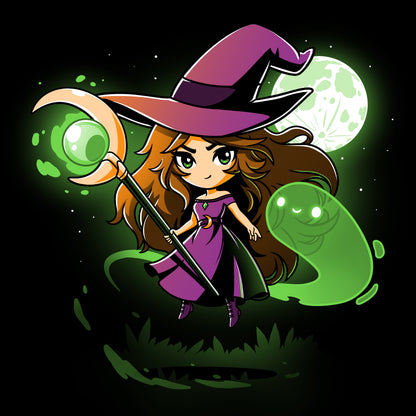 A cartoon witch with a broom is featured on the Moonlight Sorceress black t-shirt made of ringspun cotton by TeeTurtle.