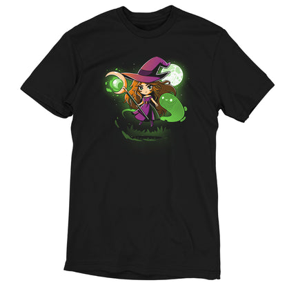 A Moonlight Sorceress t-shirt featuring a witch and a green ghost by TeeTurtle.