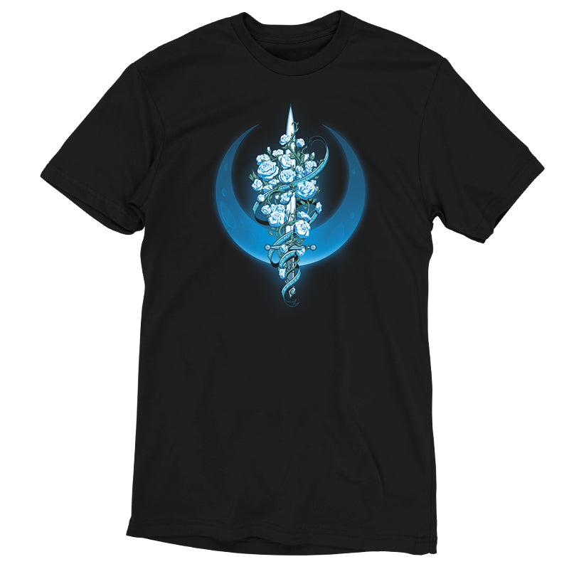 A Moonlit Blade of Roses t-shirt adorned with a blue flower from TeeTurtle.