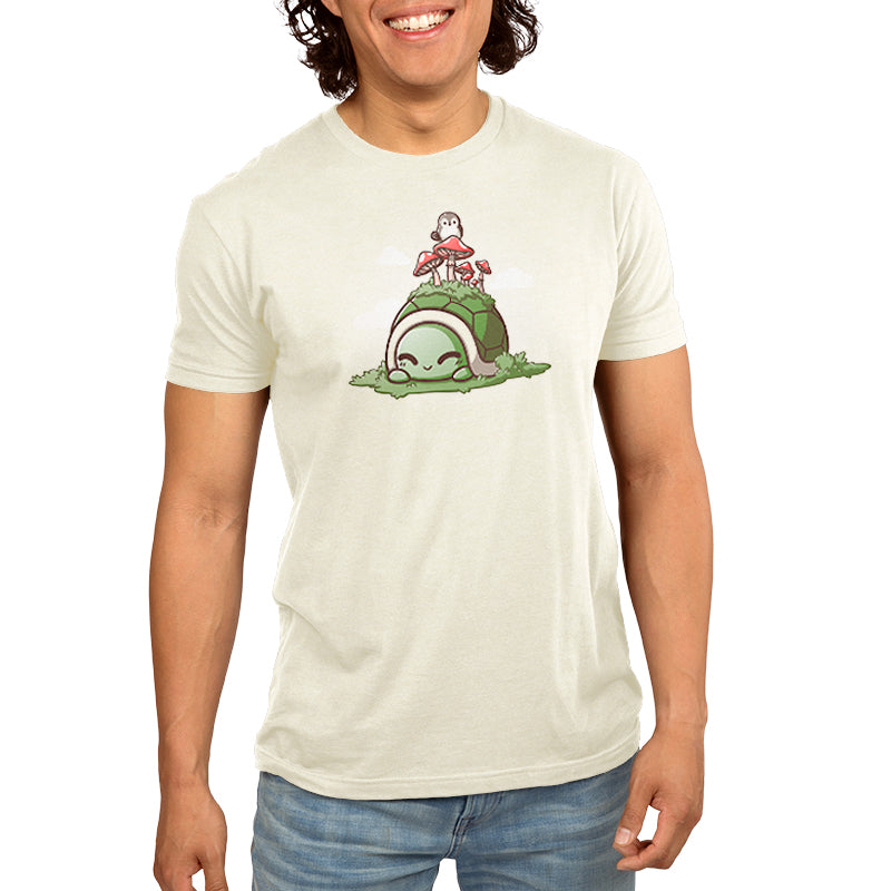 A man wearing a comfortable Mossy Toadstool Turtle T-shirt by TeeTurtle.