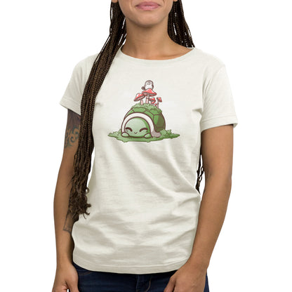 A woman wearing a comfortable Mossy Toadstool Turtle T-shirt with an image of a Pokemon on it.