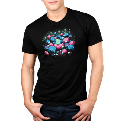 A man wearing a Mushroom Forest t-shirt with colorful flowers in an enchanted forest. (Brand Name: TeeTurtle)