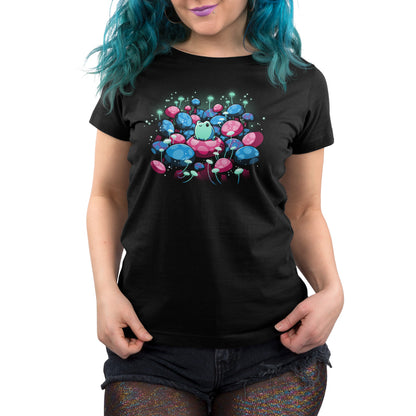 A women's black T-shirt with an image of a woman with blue hair in the Mushroom Forest by TeeTurtle.