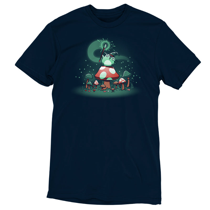 A blue TeeTurtle Ringspun Cotton t-shirt with a cartoon image of Mushroom Sorcerers.