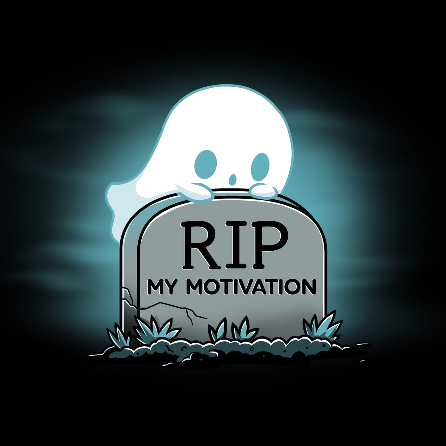 A ghost wearing a My Motivation t-shirt, mourning the missed motivation.