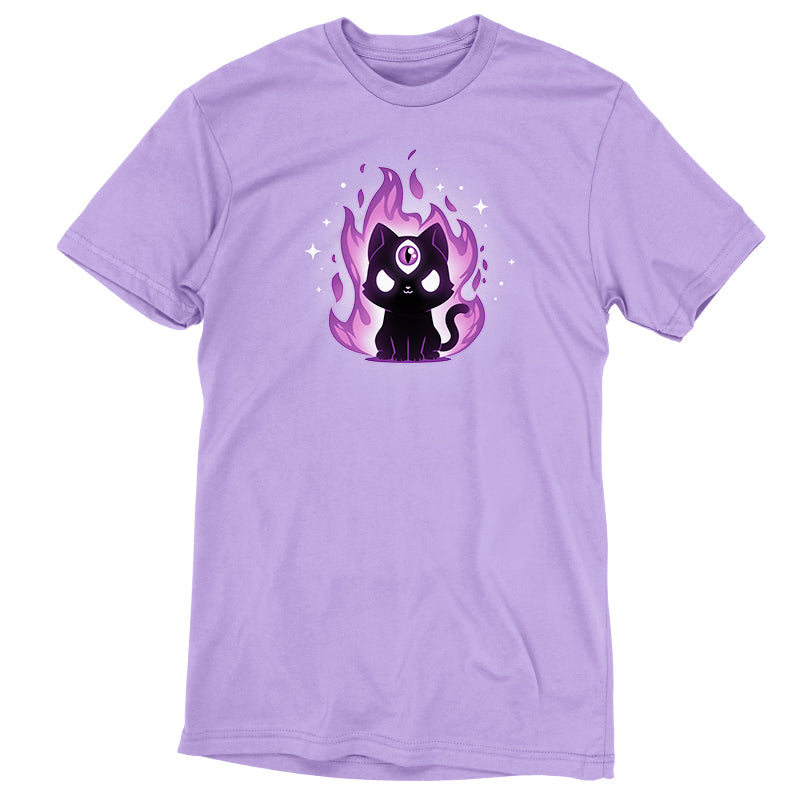 A Mystic Meow t-shirt featuring the TeeTurtle design, showcasing a black cat engulfed in flames.