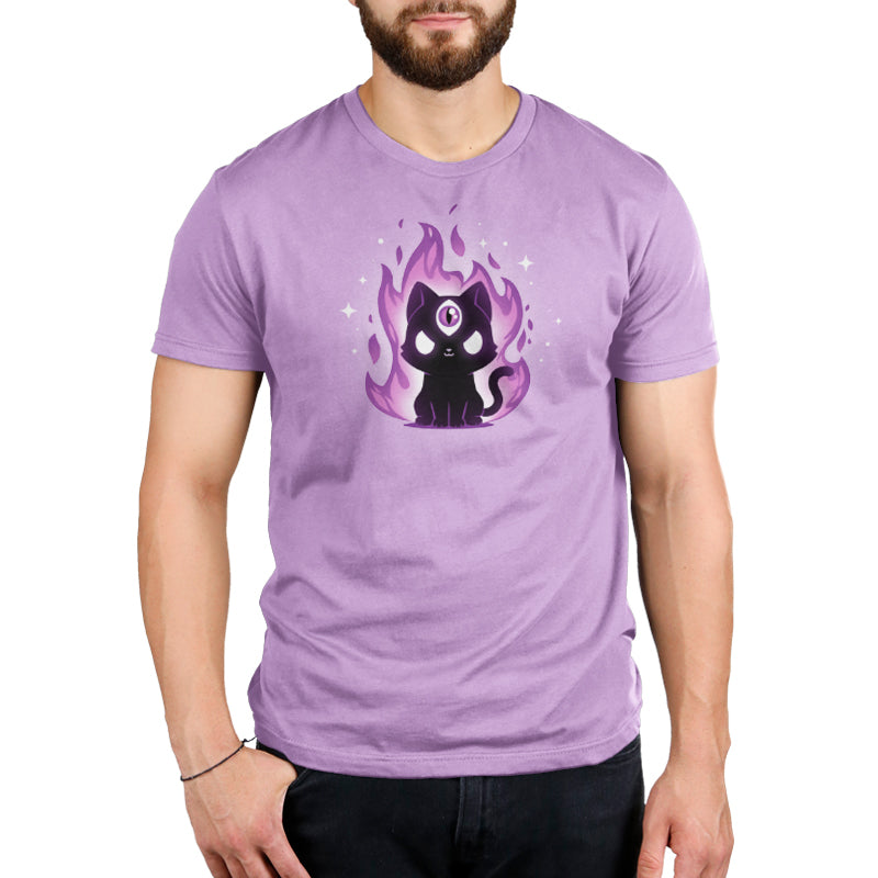 A Mystic Meow t-shirt featuring the Mystic Meow design of a black cat on fire, created by TeeTurtle.