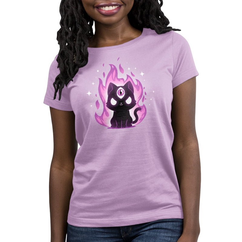 A lavender TeeTurtle Mystic Meow women's t - shirt with a black cat on fire.