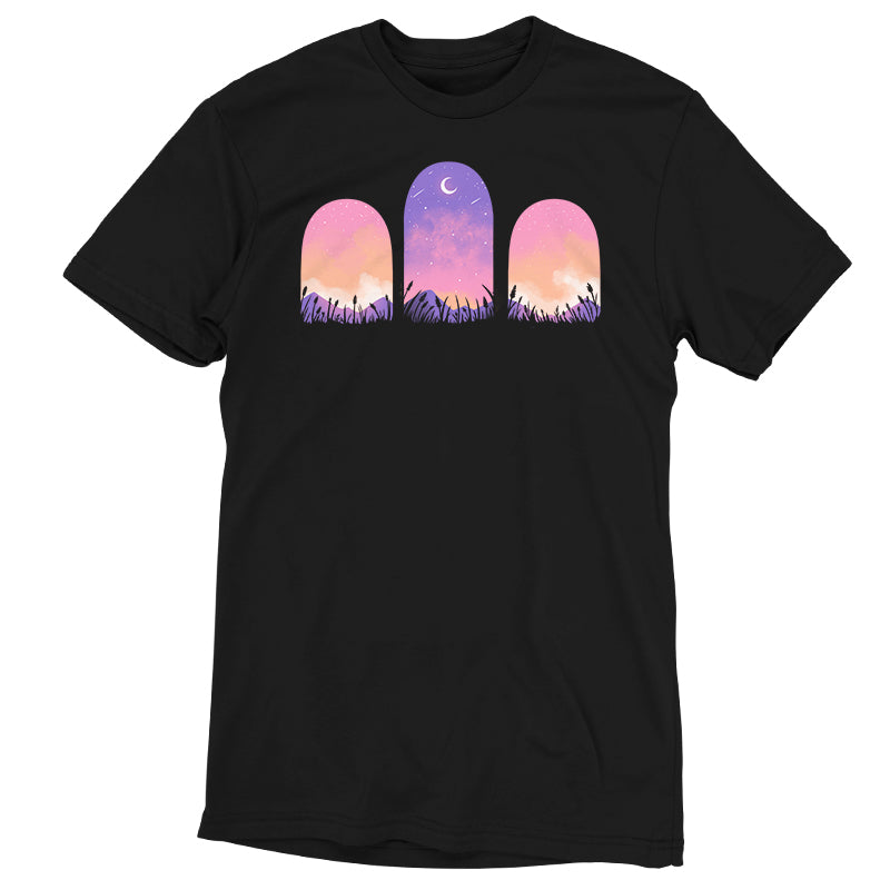Mystic Triptych beauty shines through this black t-shirt, featuring a stunning purple sky adorned with a captivating sunset. (Brand Name: TeeTurtle)