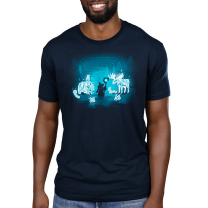 A man wearing a navy blue t-shirt with an image of a Mystical Ice Sculptures, produced by TeeTurtle.