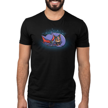 A man wearing an officially licensed Monster Hunter Nargacuga & Palico Snuggles t-shirt with an image of a Nargacuga on the moon.