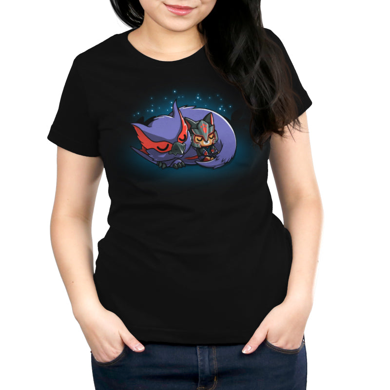 A women's black t-shirt featuring an image of a cat on the moon, inspired by the Monster Hunter franchise. This officially licensed Nargacuga & Palico Snuggles shirt is perfect for fans of Monster Hunter.
