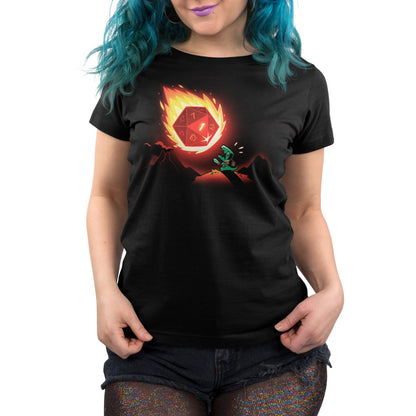 A woman wearing a black TeeTurtle Natural Disaster t-shirt.