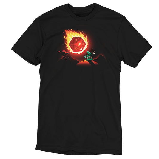 A Natural Disaster t-shirt featuring a fiery d20 image that combines comfort and style.
