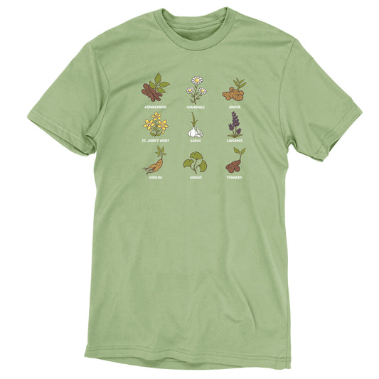 A Nature's Medicine t-shirt with various plants including Chamomille, made by TeeTurtle.