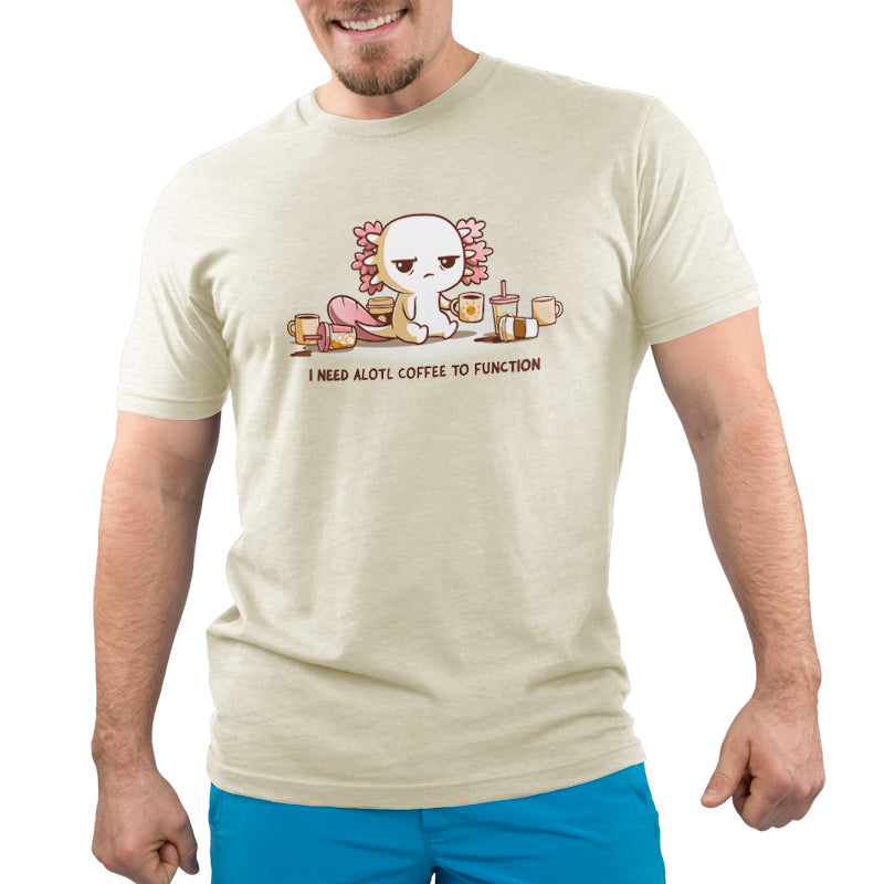 A man wearing a TeeTurtle original t-shirt with a skeleton on it, in need of Need Alotl Coffee flowing.