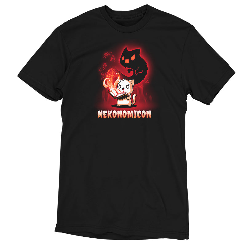 A black Nekonomicon t-shirt featuring a cat and flame design inspired by TeeTurtle.
