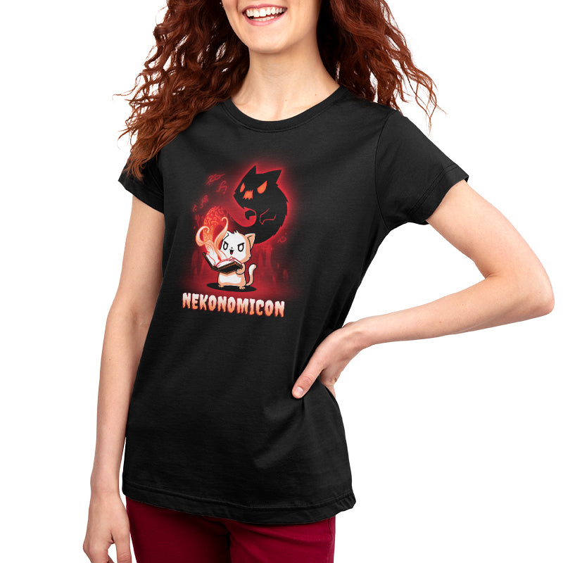 A woman wearing a black t-shirt with a cat on it holds a TeeTurtle Nekonomicon book.