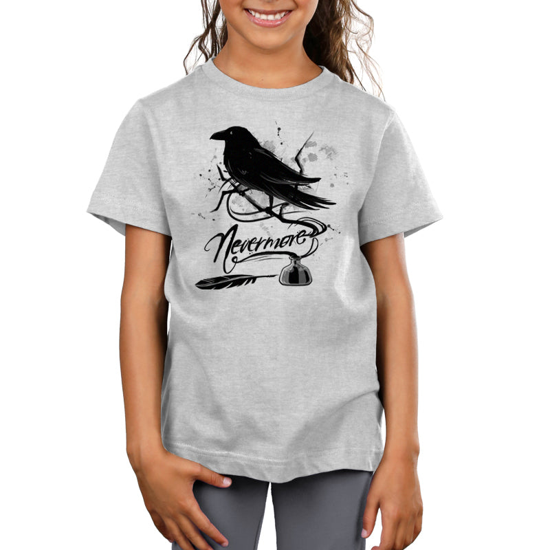 A girl wearing a "Nevermore" silver t-shirt with a crow on it from TeeTurtle.