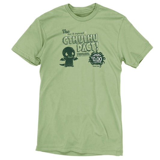Green ringspun cotton tee with a New & Improved Cthulhu Pact print containing cartoonish character and text by TeeTurtle.