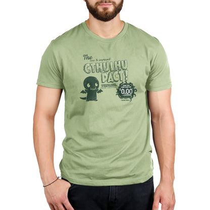 Man wearing a green TeeTurtle ringspun cotton tee with a New & Improved Cthulhu Pact print.