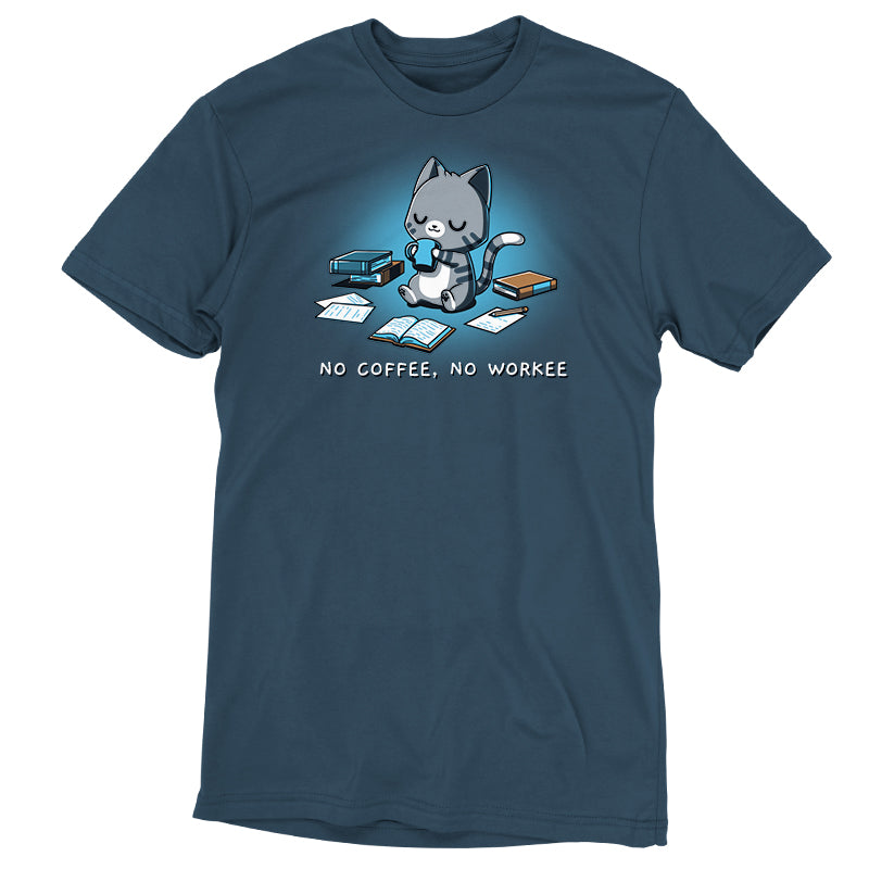 Denim blue TeeTurtle "No Coffee, No Workee" t-shirt featuring a cat with a cup of coffee.