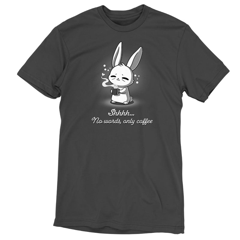 A TeeTurtle No Words, Only Coffee t-shirt with an image of a bunny holding a cup of coffee.